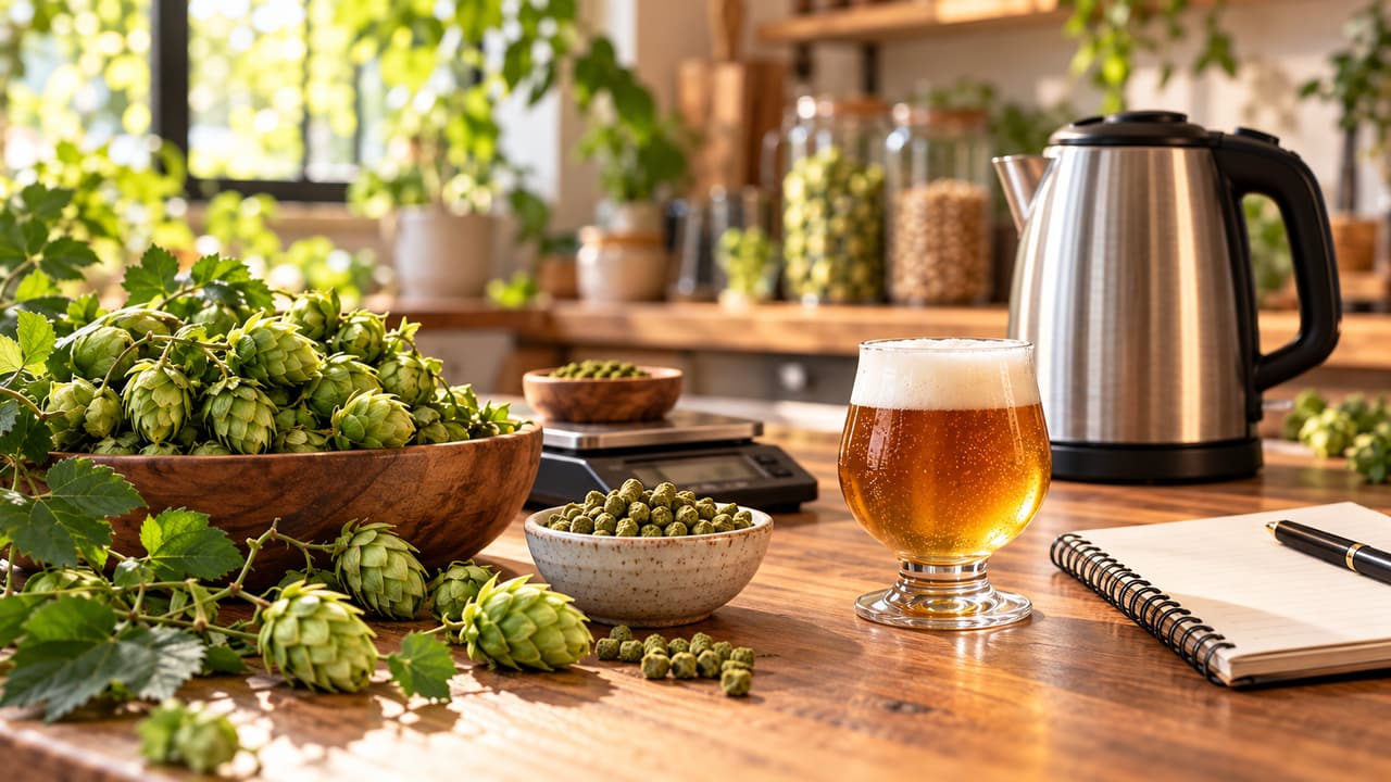 Capa editorial do Anexo XII — O Lúpulo: cones e pellets de lúpulo, chaleira elétrica e taça de cerveja âmbar numa bancada de cozinha