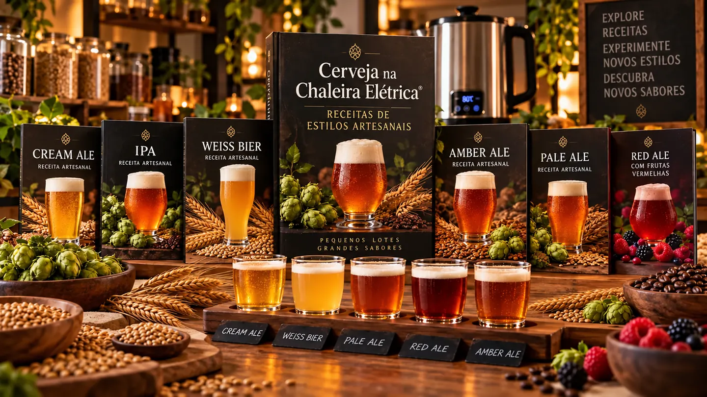 Composição visual de estilos de cerveja artesanal, ingredientes e degustação comparativa