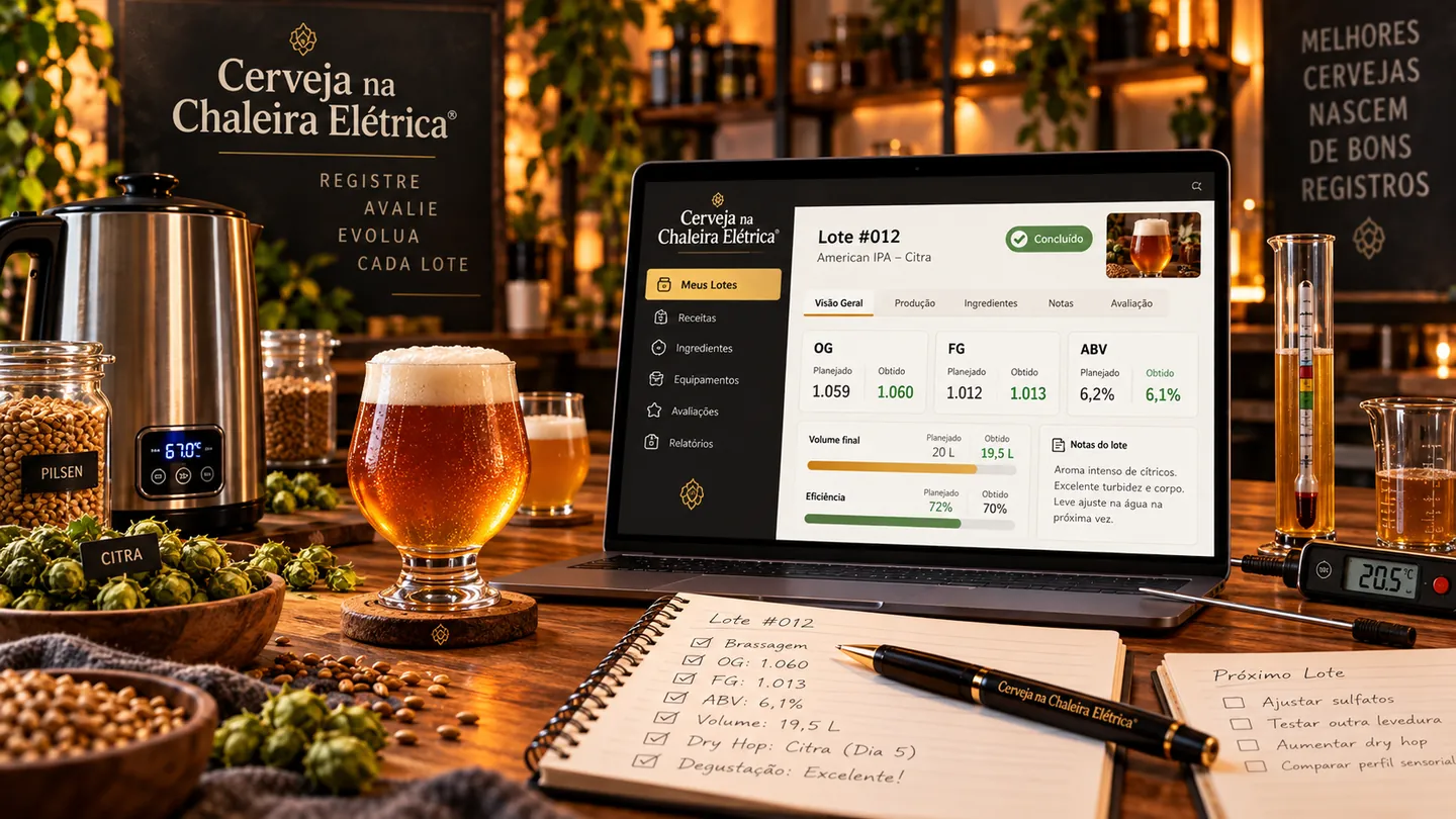 Painel visual de acompanhamento de lote com OG, FG, ABV, notas, instrumentos e caderno de produção